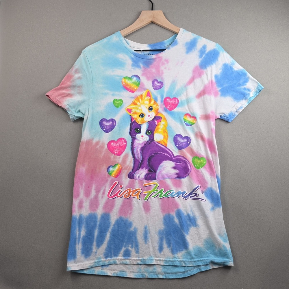 Lisa Frank Kitten Tie Dye Graphic T Shirt Womens Small Pastel Rainbow Hearts Y2K